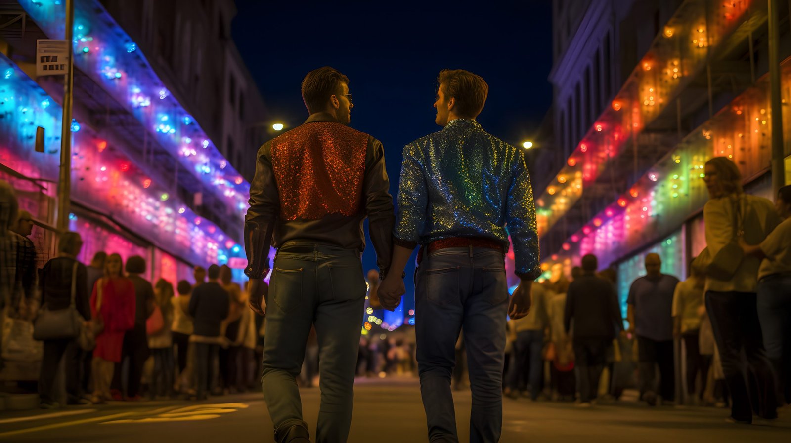 Men couple at night of pride parade. Concept of LGBT pride. AI generated